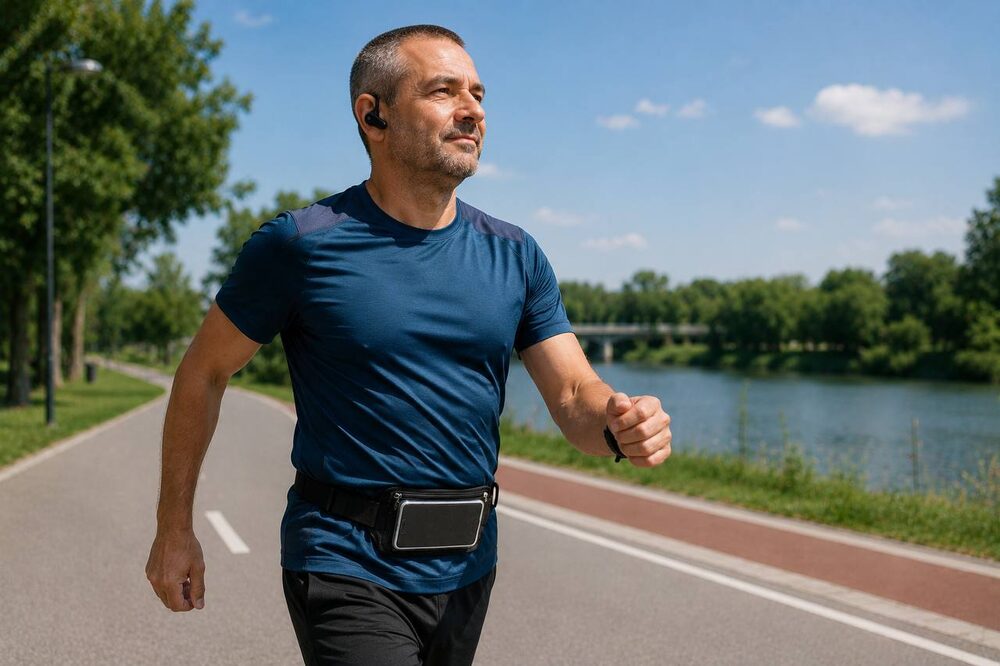 Man jogging outdoors with a wireless earpiece and phone armband