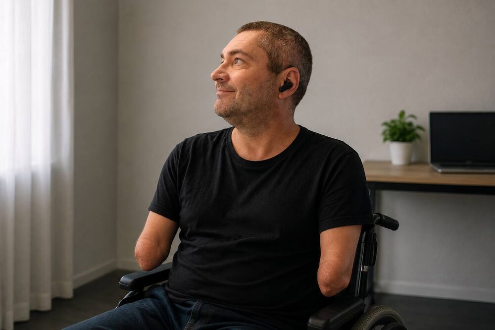 Man in a wheelchair wearing a wireless earpiece, smiling