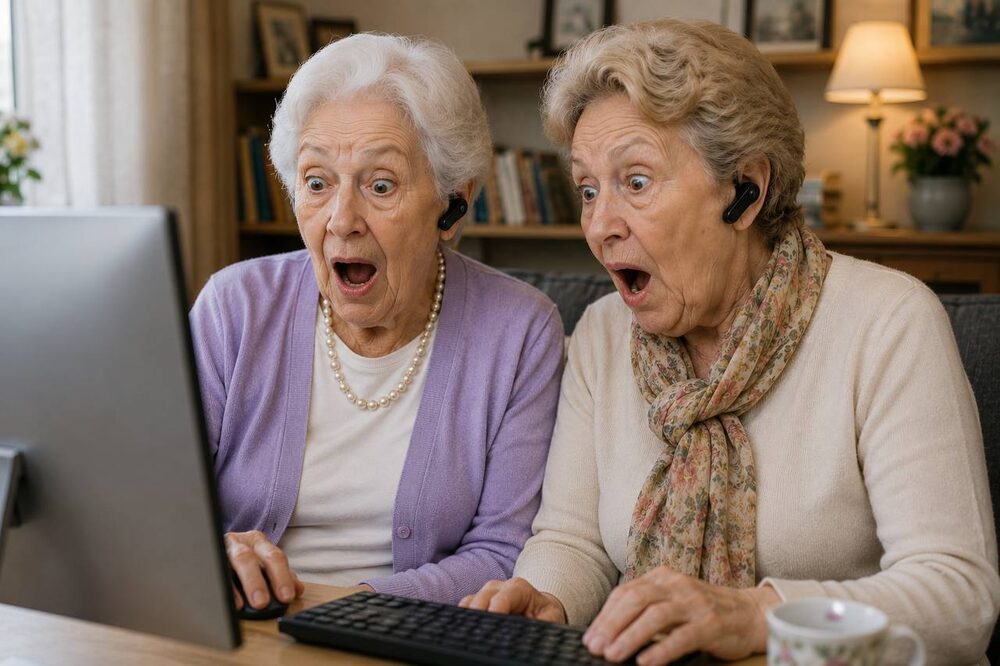 Two elderly women wearing wireless earpieces, surprised at how easy it is to use their computer